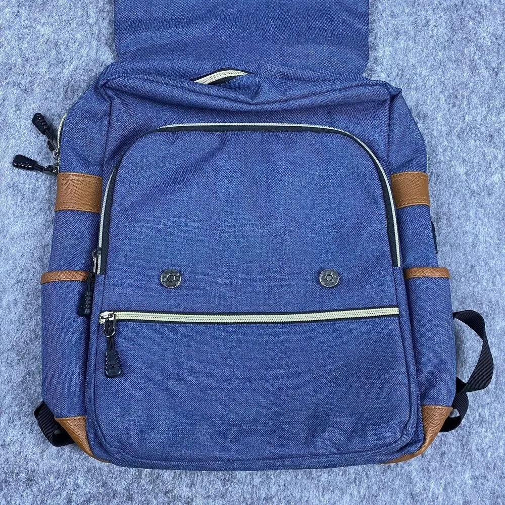 Modoker Vintage 15 inch Laptop Backpack with USB Charging Blue/Brown Leather